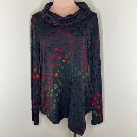 Carre Noir Tunic Top Large Women Asymmetric Cowl Neck Colorful Artsy Long Sleeve - Picture 1 of 9